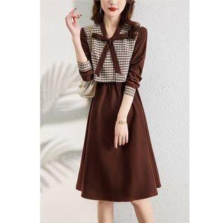 Long-sleeve Tie-neck Houndstooth Midi A-line Dress