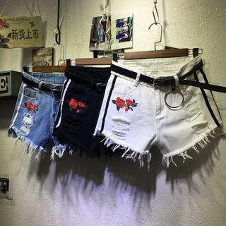 Flower Embroidered Ripped Denim Shorts