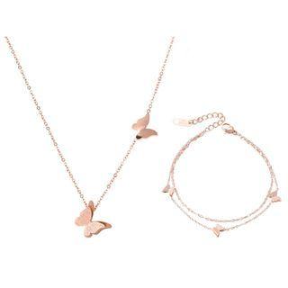 Set: Alloy Butterfly Necklace + Layered Necklace Set - Gold - One Size