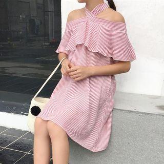 Ruffle Trim Striped Off Shoulder Short Sleeve Dress