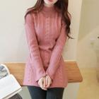 Mockneck Slit-cuff Mini Sweater Dress
