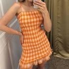 Spaghetti Strap Checked Mini Bodycon Dress