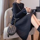 Set: Long-sleeve Midi A-line Knit Dress + Vest