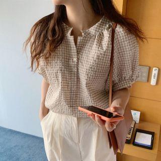 Lapel Oversized Gingham Puff Short Sleeve Top As Shown In Figure - One Size