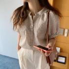Lapel Oversized Gingham Puff Short Sleeve Top As Shown In Figure - One Size