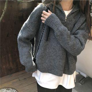 Plain Loose-fit Knit Top Sweater - Gray - One Size