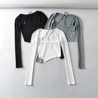 Long-sleeve Halter Neck Asymmetrical Top