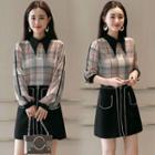 Set: Check Long-sleeve Blouse + Zip Front A-line Skirt
