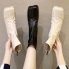 Square-toe Woven Block Heel Short Boots
