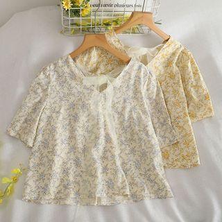 V-neck Bow Floral Blouse