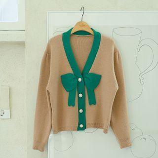 Contrast-ribbon Faux-pearl Cardigan