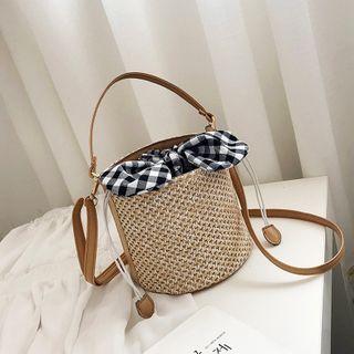 Top Handle Drawstring Woven Bucket Bag