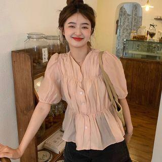 Short-sleeve Shirred Blouse Pink - One Size