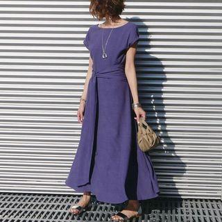 Short-sleeve Tie-front Midi A-line Dress Purple - One Size