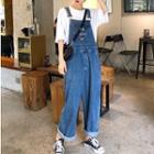 Embroidered Wide-leg Denim Dungaree Blue - One Size
