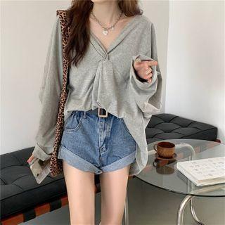 Bow Plain Long-sleeve Top Gray - One Size