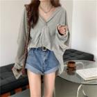 Bow Plain Long-sleeve Top Gray - One Size