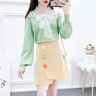 Set: Sequined Lace Bow Knit Top + Floral Applique Patent A-line Skirt