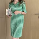 Short Sleeve Striped Knit Polo Dress