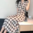 Tie-waist Plaid Short-sleeve Midi Dress As Shown In Figure - One Size