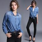 Single-breasted Long-sleeved Washed Panel Lace Blouse