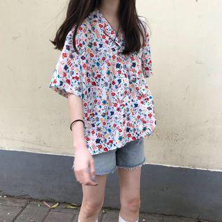 Elbow-sleeve Floral Shirt White - One Size