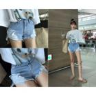 Stripe-layered Distressed Denim Shorts
