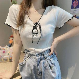 Lace-up Lettuce Edge Short-sleeve Top