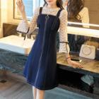Set: Bell-sleeve Lace Top + Midi Denim Jumper Dress