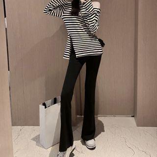 Striped One-shoulder Long-sleeve T-shirt / Boot-cut Pants