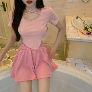 Short-sleeve Irregular Crop Top / Wide Leg Shorts
