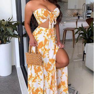 Set: Tie-front Tie-dye Top + Maxi Skirt