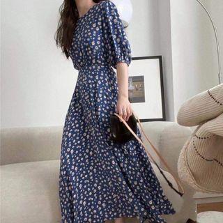 Short Sleeve Floral Print Midi A-line Dress