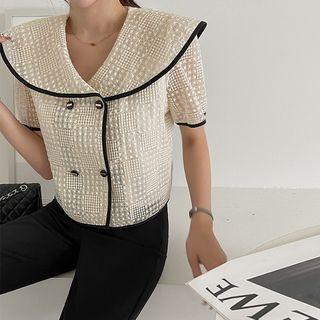 Wide-collar Contrast-trim Lace Blouse Ivory - One Size