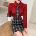 Plaid Mini Pencil Skirt / Collared Cropped Sweater / Plaid Tie / Set