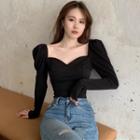 Long-sleeve Puff-sleeve Top Black - One Size