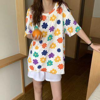 Short-sleeve Floral Print T-shirt Off-white - One Size