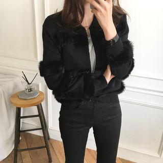 Faux-fur Zip-up Knit Jacket