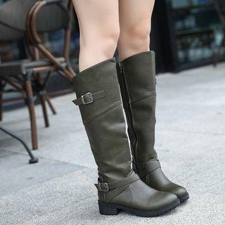 Faux Leather Buckled Back Zipper Block Heel Knee Boots