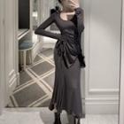 Long-sleeve Ruffled Slim Fit Top / High-waist Mermaid Midi Skirt