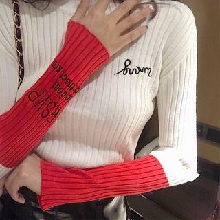 Lettering Color-block Long-sleeve Slim-fit Top