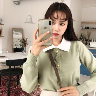 Contrast-collar Scallop-edge Cardigan Olive Green - One Size