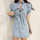 Puff-sleeve Cutout Bow Denim Mini Sheath Dress