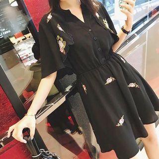 Bell-sleeve Embroidered Chiffon Mini A-line Dress