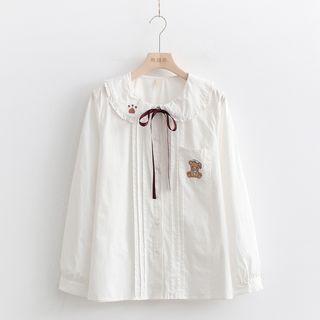 Puff-sleeve Bear Embroidered Blouse
