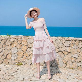 Off-shoulder Layered Short-sleeve Dress