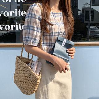 Short-sleeve Plaid Top Blue - One Size