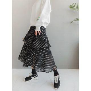 Band-waist Polka Dot Layered Long Skirt