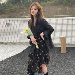 Spaghetti Strap Floral Irregular Hem Midi A-line Dress / Plain Blazer