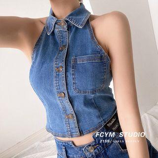 Details Button-up Denim Halter Top